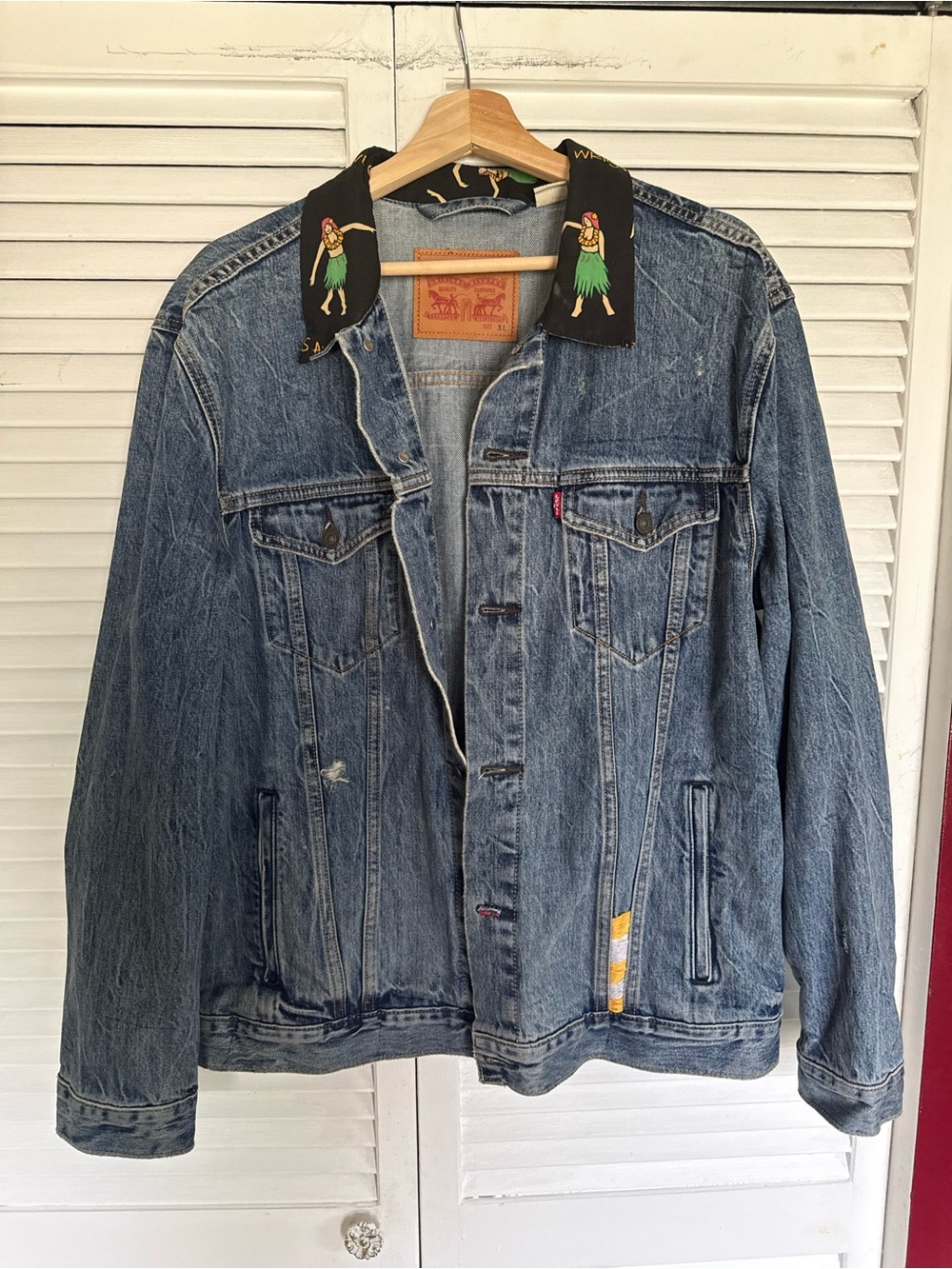 Levi's Blue Denim Trucker Jacket with Black Embroidered Collar